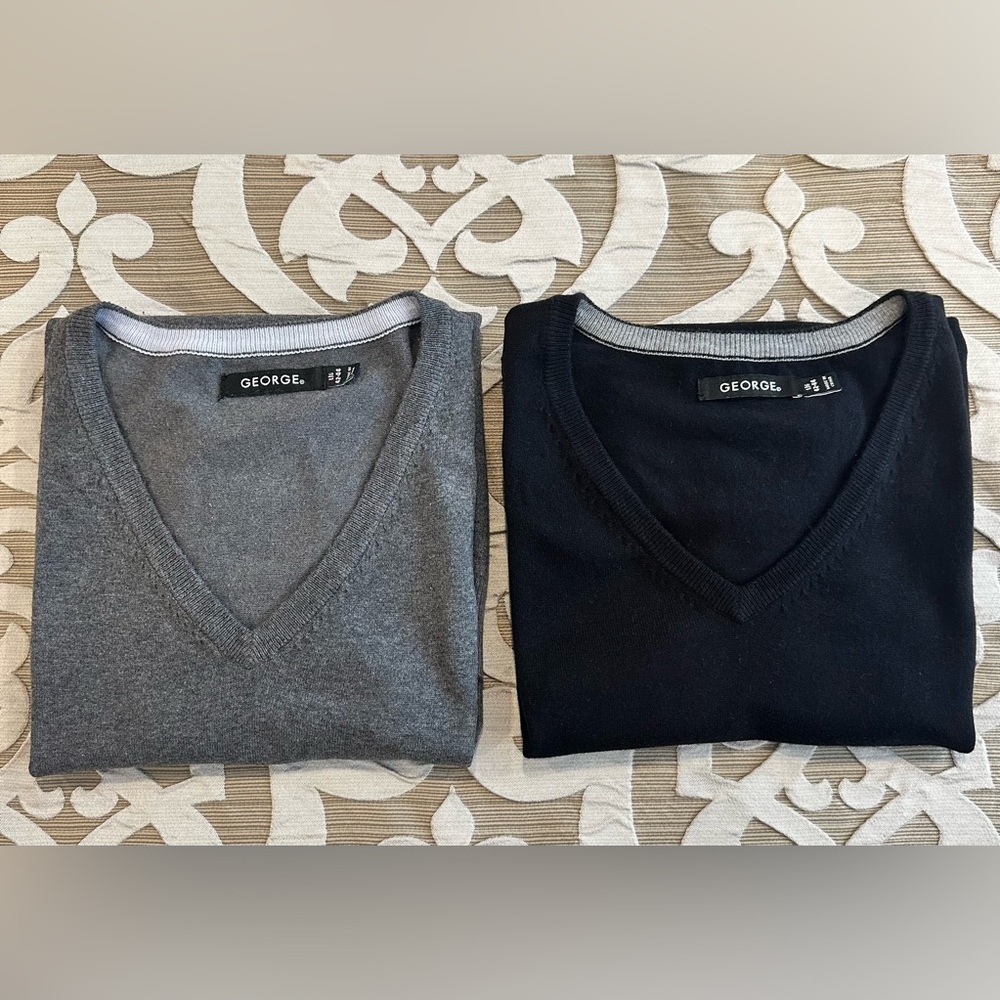 GEORGE Men’s Black and Gray V-Neck Sweater Vest Bundle Set of two Vests, Large